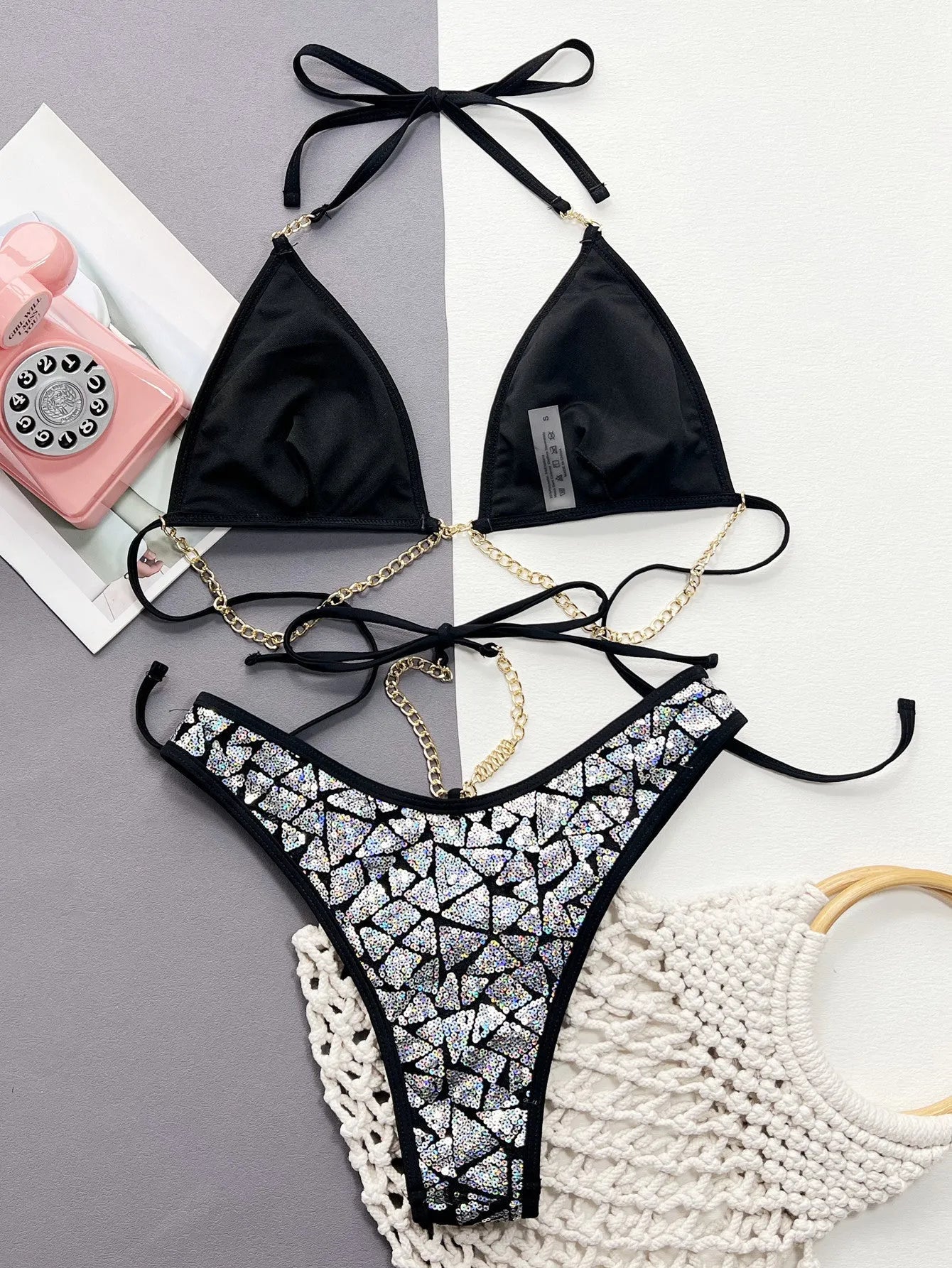 Silver Black women's bikini suit with flash iron chain detailing on briefs style swimwear