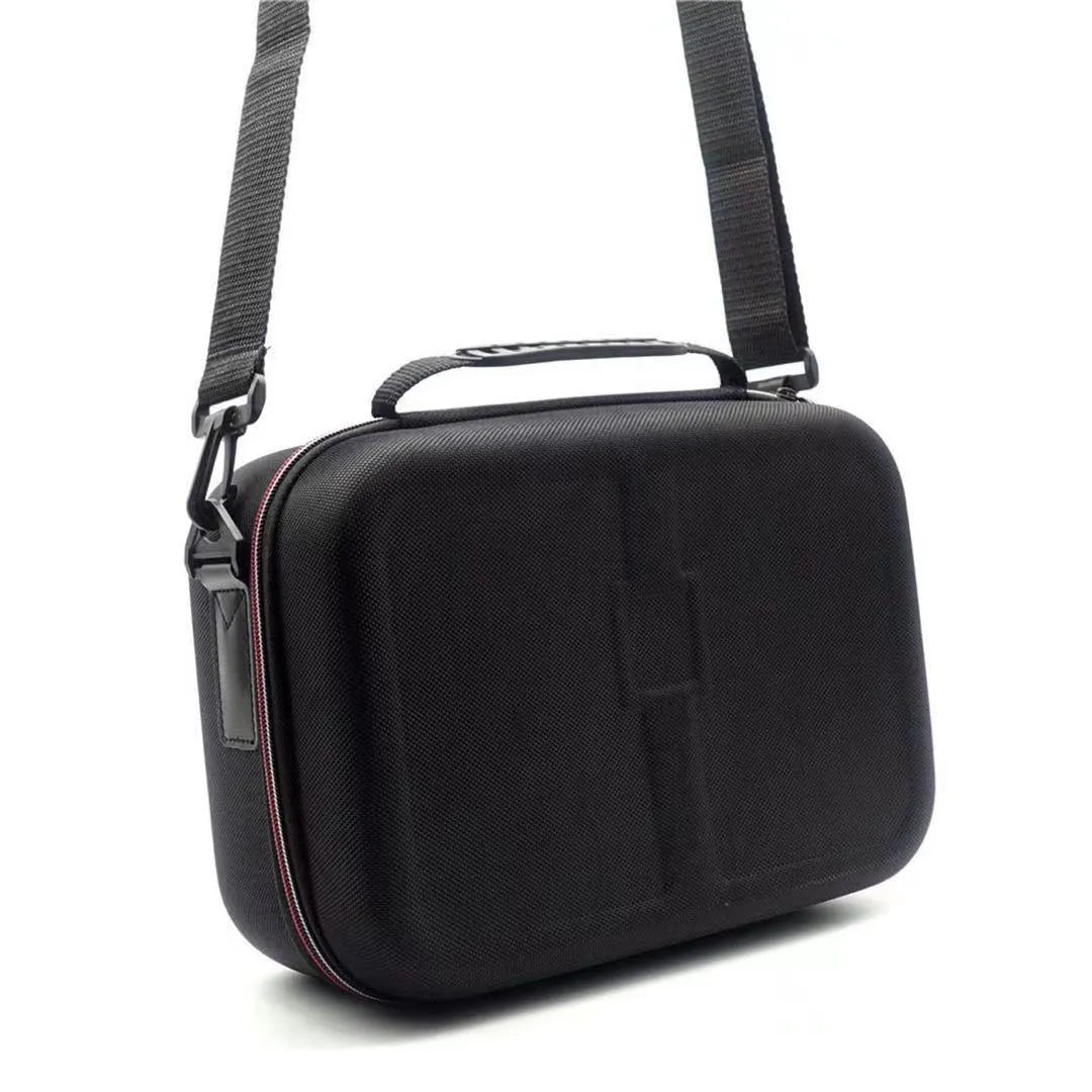 Black EVA game console accessory storage bag showing dimensions and offset printed finish
