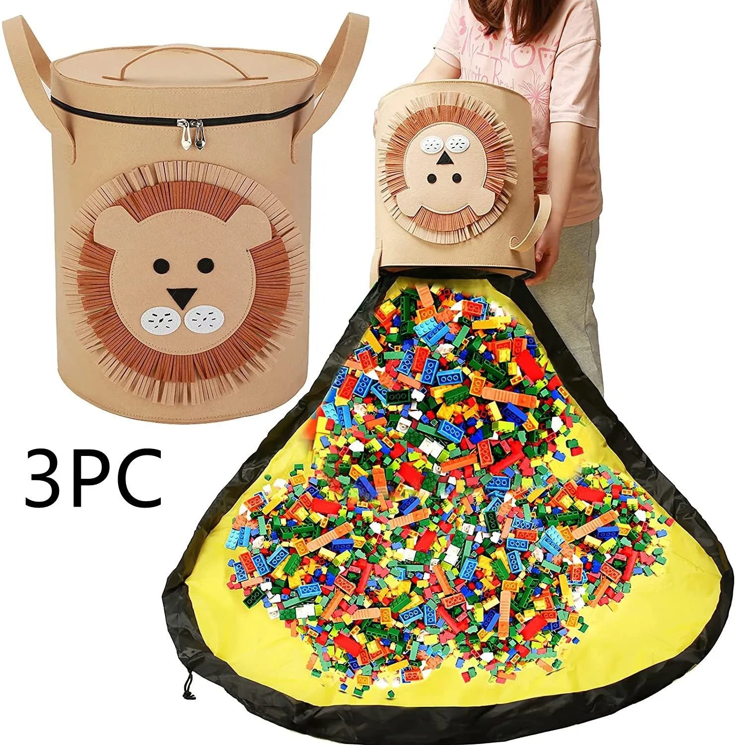 Green felt storage cube with pull rope, unfolded as a play mat on a living room floor