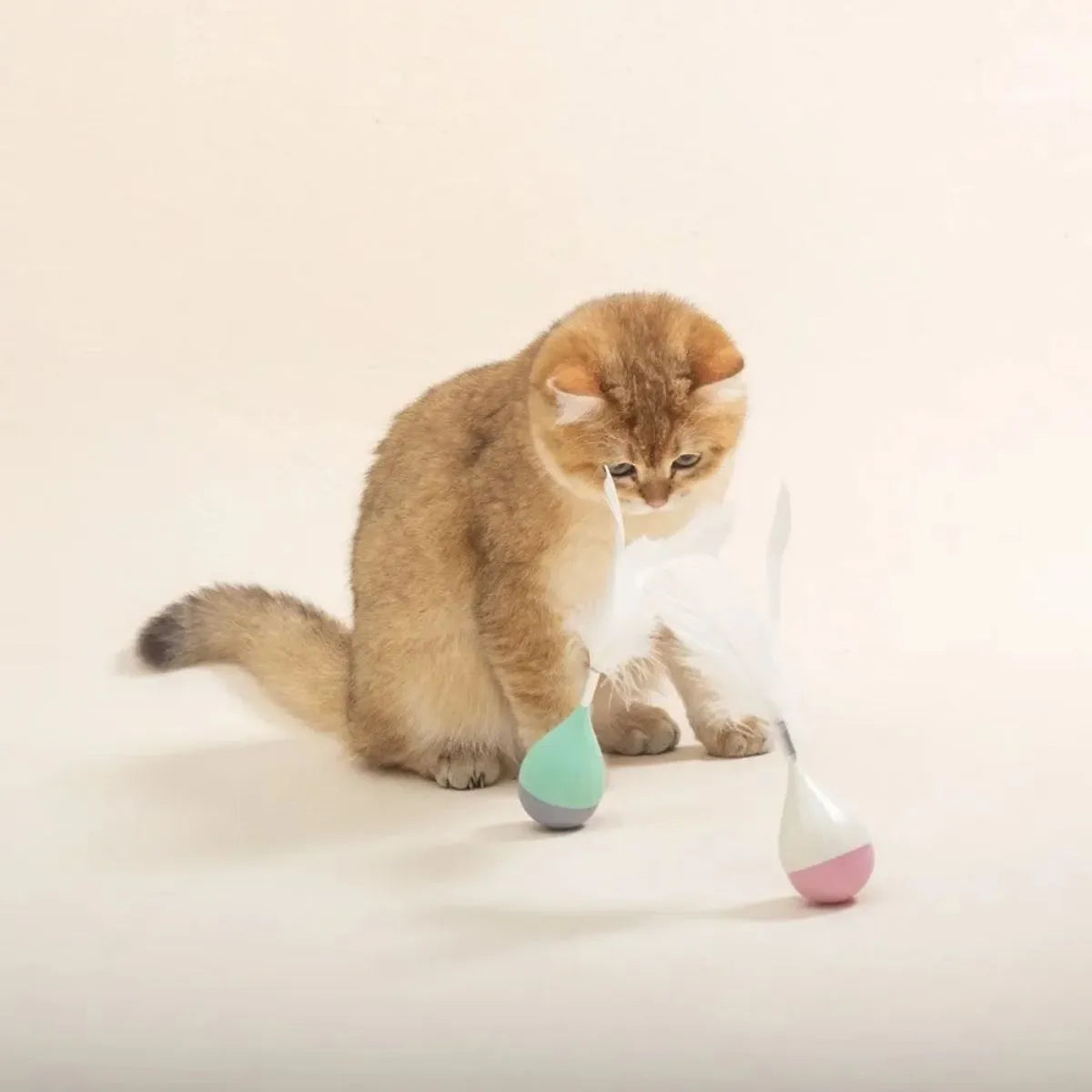 Green and pink feather cat tease stick toy with aluminium alloy and ABS plastic wand