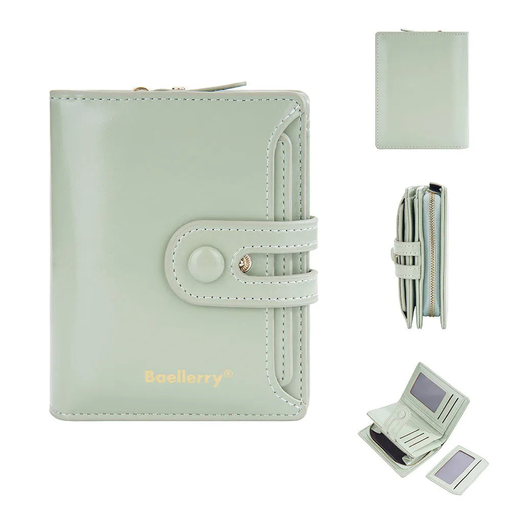 Women's slim PU leather wallet in lake water green, open to show multiple card slots and a full-length zipped coin pocket.