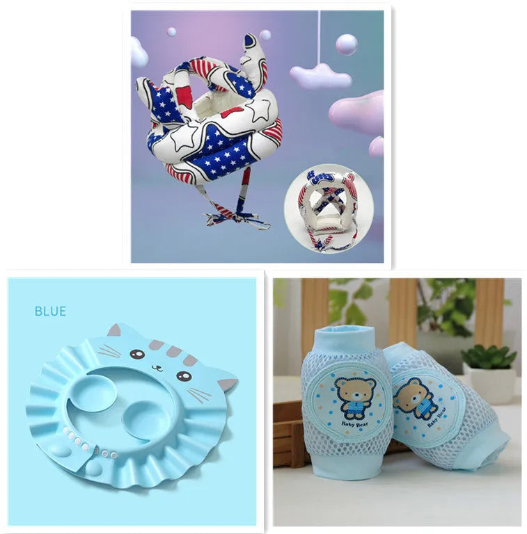 Adjustable baby shower cap with ear protectors in cartoon pattern colours