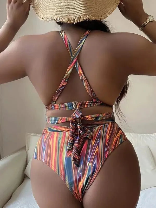 Women's floral print high waist bikini swimsuit on a hanger