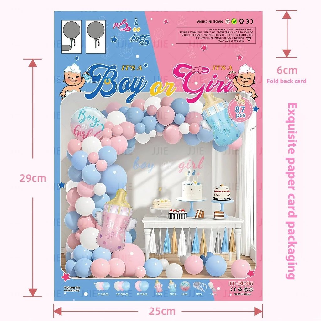 Gender reveal balloon decoration kit with pink and blue aluminium foil balloons, ribbon, and bottles.