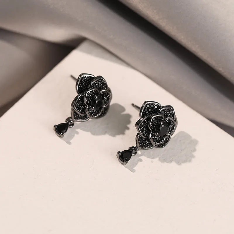Black rose zircon stud earrings with floral design and 18K gold-plated finish
