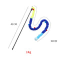 Cat wand toy with blue plush strip, colourful ball, and bells on a 41cm pole for interactive play