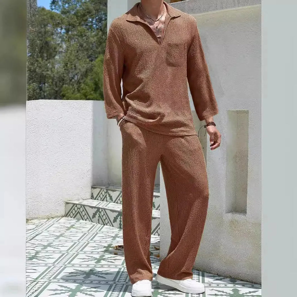 Men's casual shirt trousers commuter suit in lake blue, khaki, black, or caramel colours, sizes M to 3XL, for autumn leisure wear