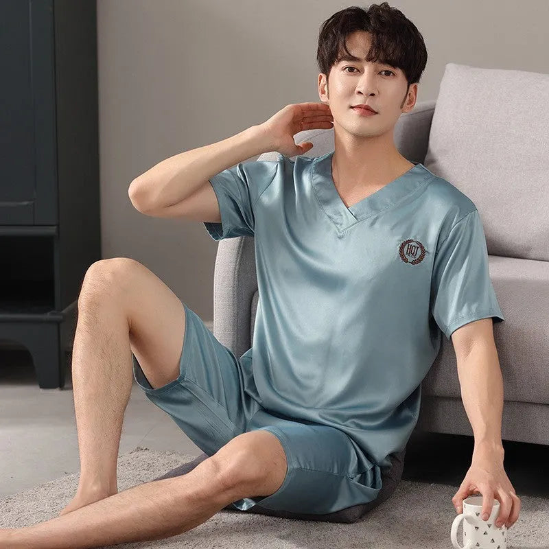 Men's ice silk pajama set with short sleeve shirt and loose fit shorts in multiple colour options