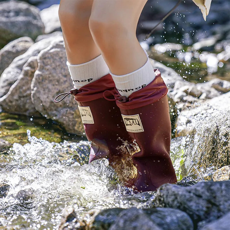 PVC platform high tube waterproof rain boots in beige colour with non-slip sole