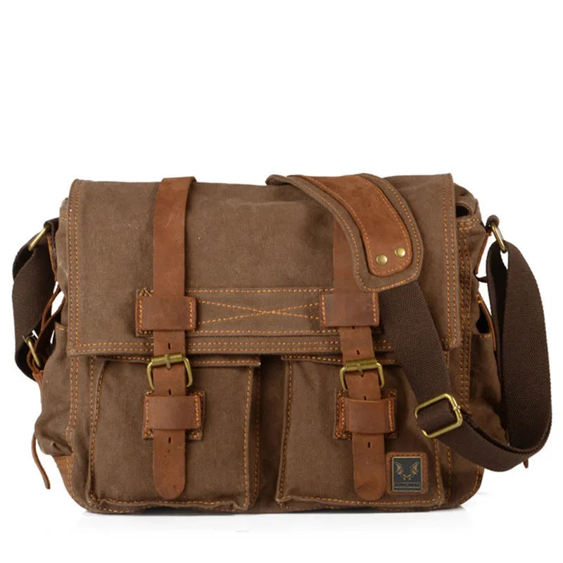 Men's canvas crossbody shoulder bag in Army Green with cowhide accents, showing internal compartments and flap design
