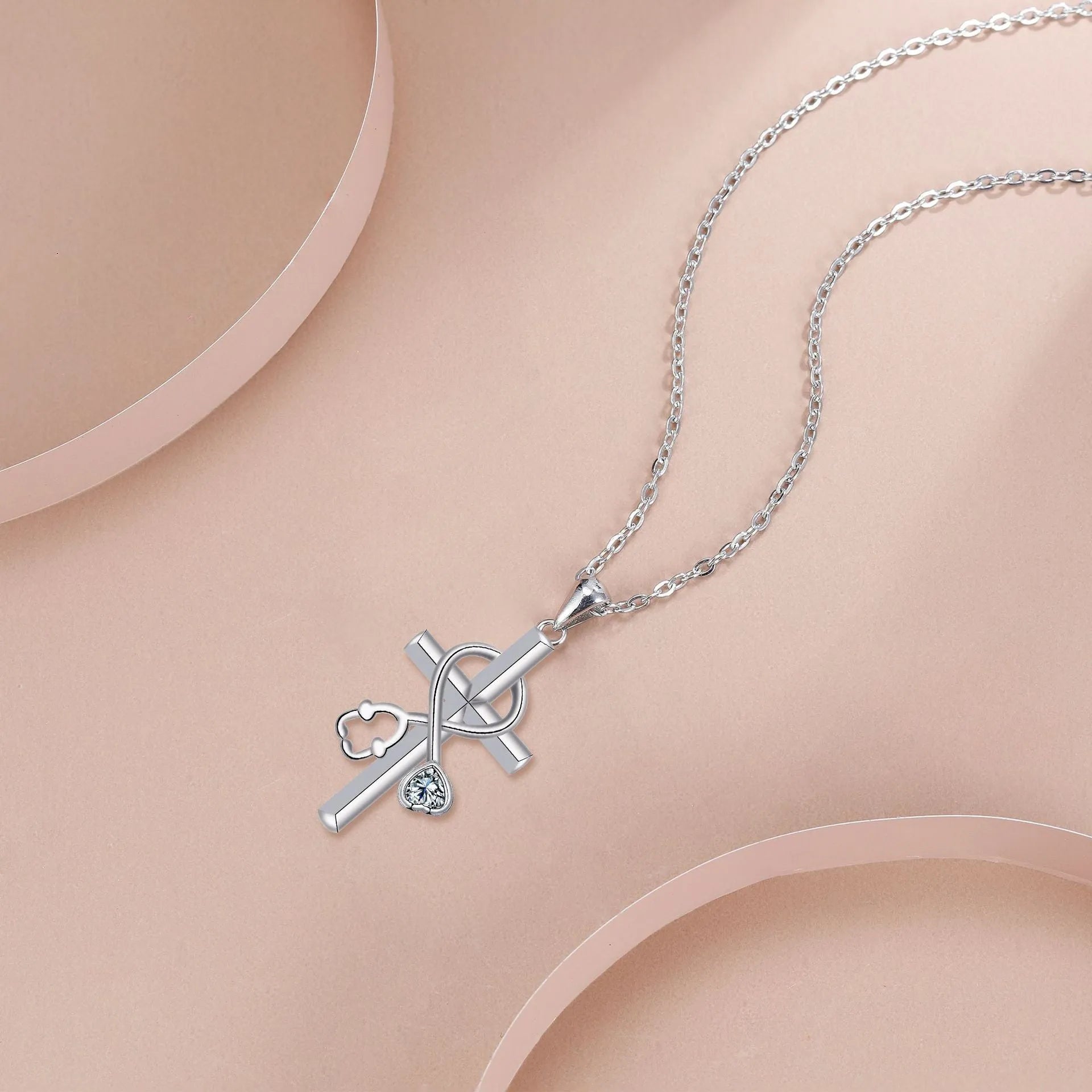 Original design copper stethoscope pendant necklace with a cross chain for women.