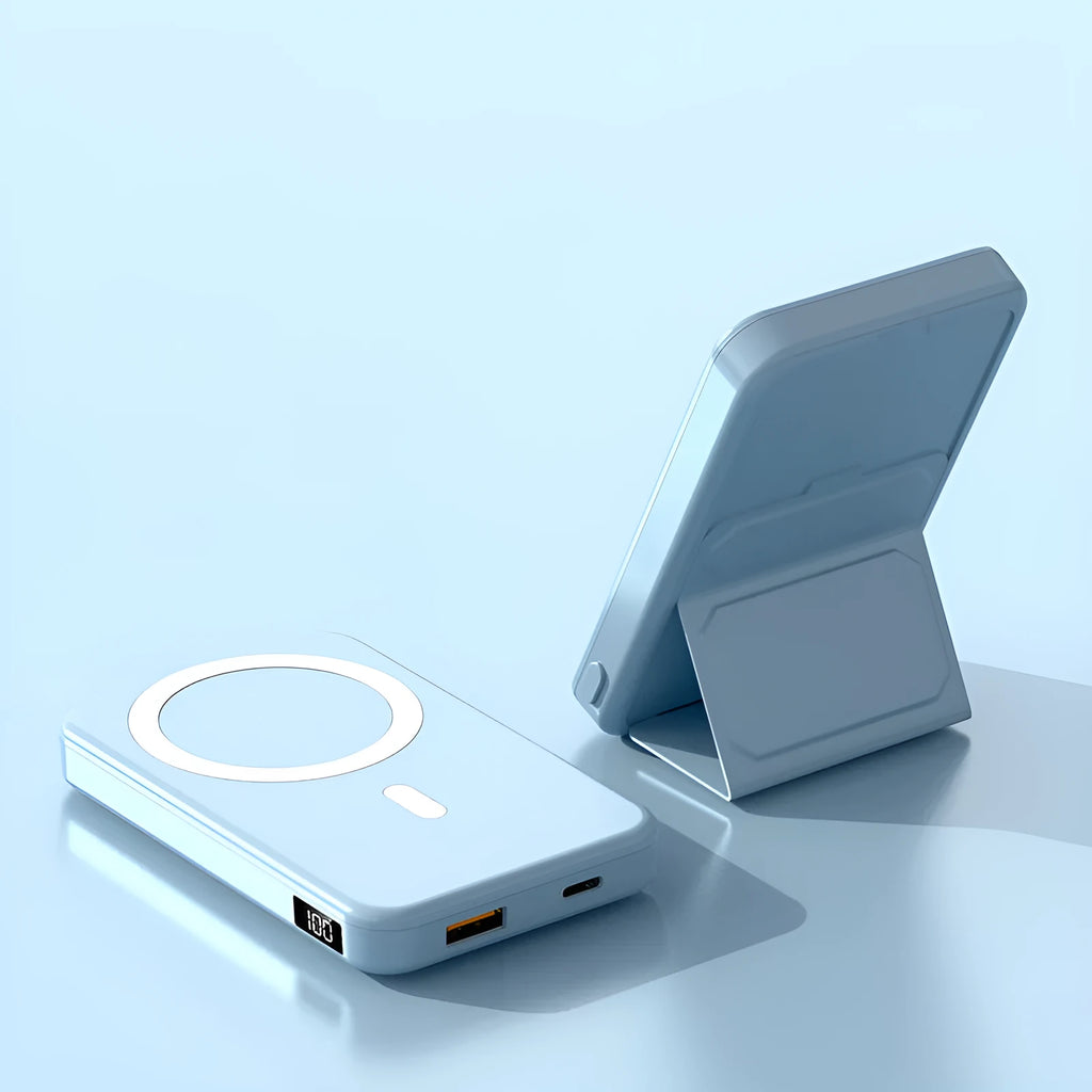 Magnetic suction wireless charging power bank with folding bracket in various colours.