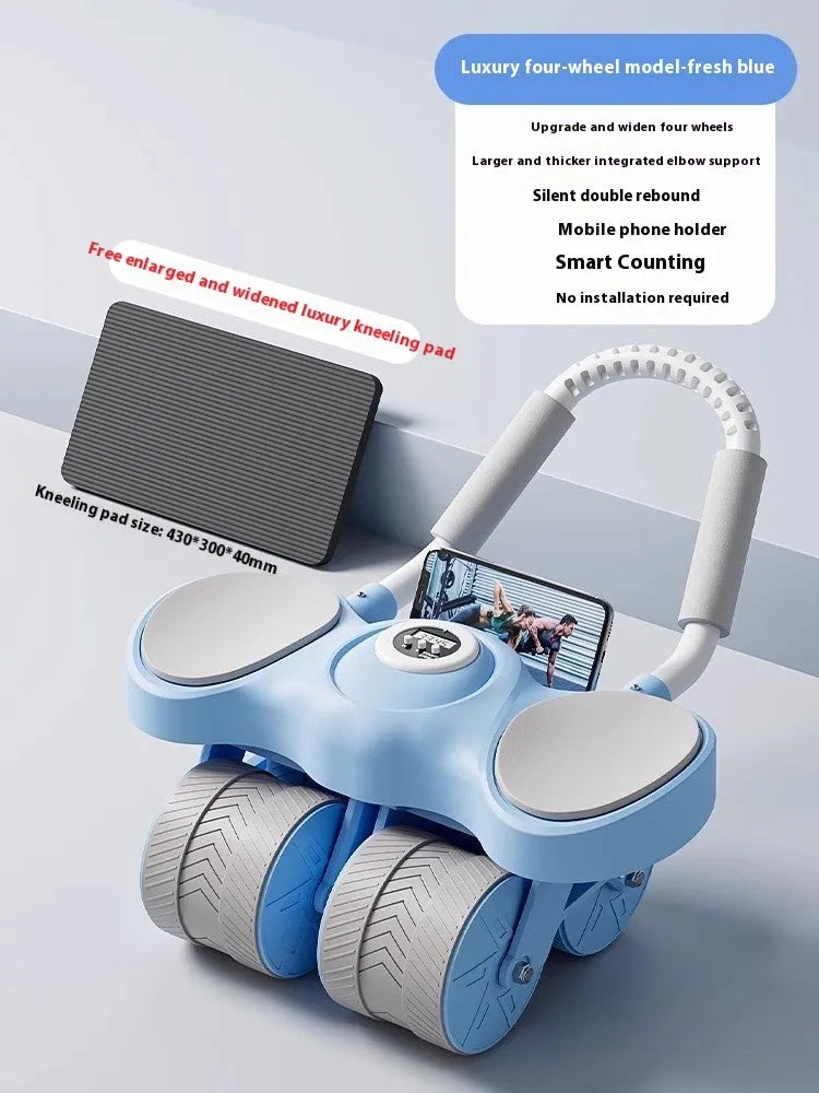 Abdominal wheel fitness equipment with elbow support and automatic rebound mechanism in blue colour