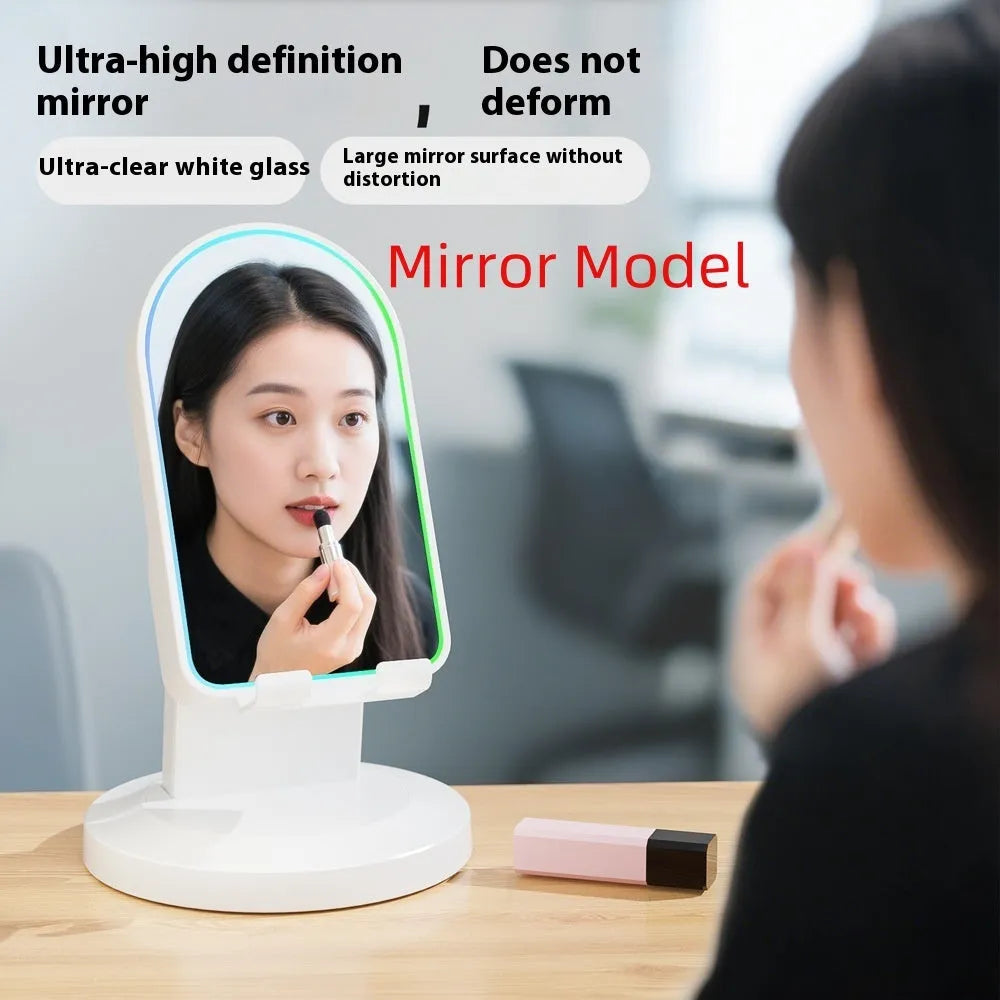 Three-in-one wireless induction speaker and Bluetooth phone bracket in black or white, common or mirror style, with built-in battery and USB cable.