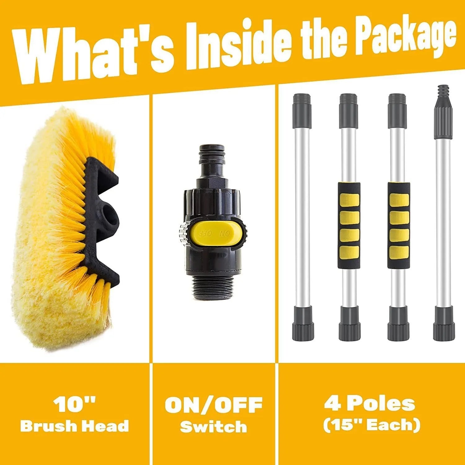 Yellow car wash brush with four-section removable rod and flow-through brush head for portable vehicle cleaning