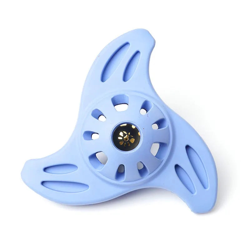 Blue boomerang-shaped dog toy with molar texture, measuring 132mm