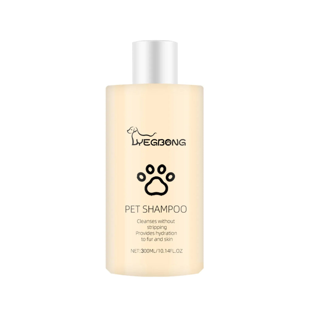 Dog shampoo bottle in 100ml and 300ml sizes with mild formula for cleaning and reducing coat tangles