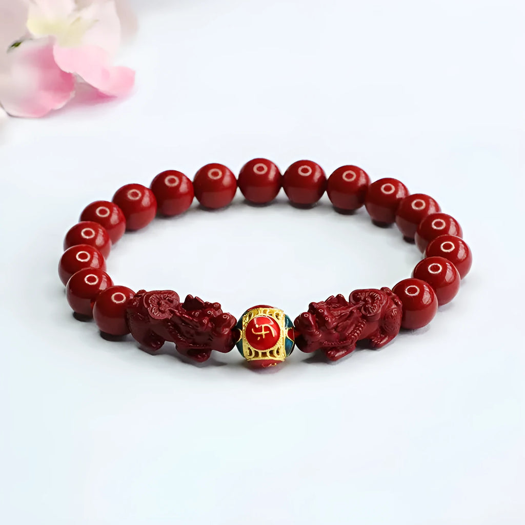 Cinnabar Double Pixiu Women's Bracelet with carved design and purple gold sand double leather show detailing