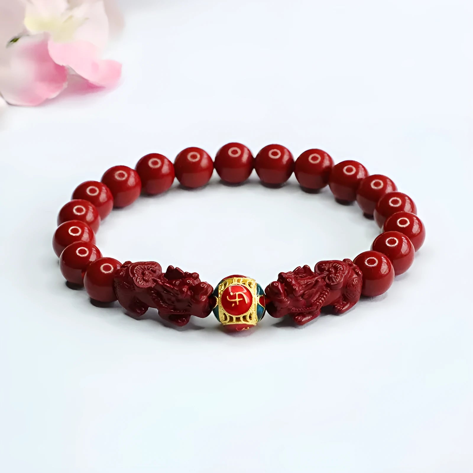 Cinnabar Double Pixiu Women's Bracelet with carved design and purple gold sand double leather show detailing
