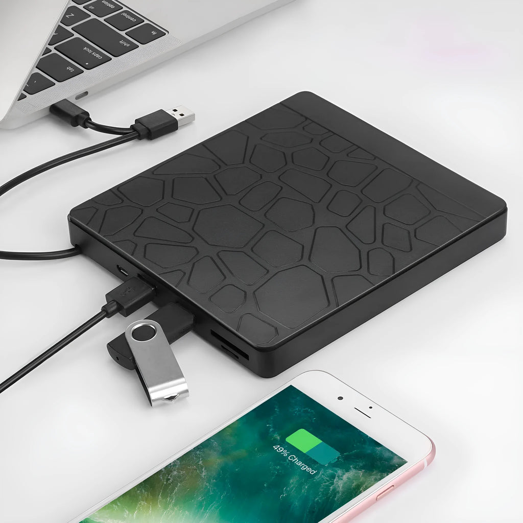 Black external optical drive with dual USB connectors for notebook computers