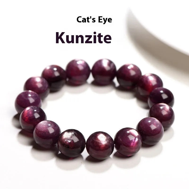 Purple lepidolite crystal bead bracelet with polished round beads in natural colour, showing size options from 6mm to 15mm diameters