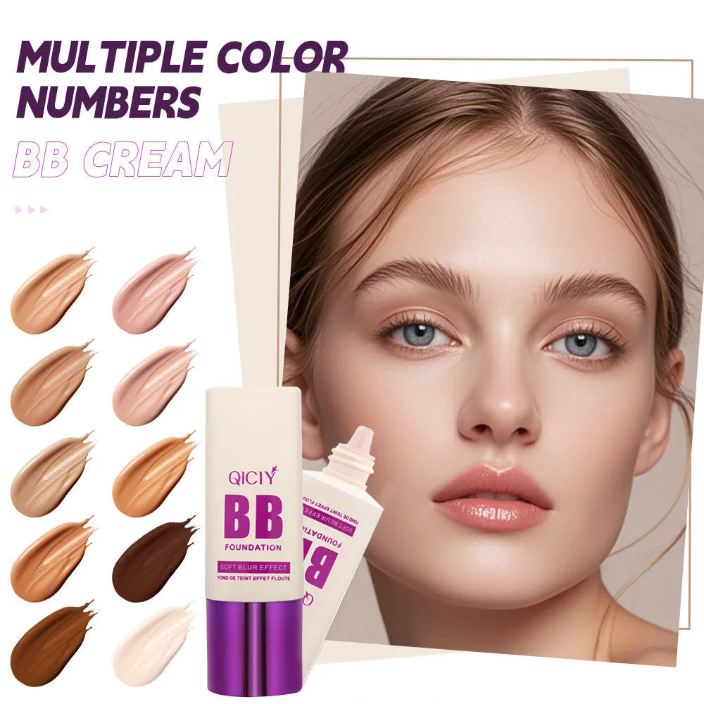 Bottle of BB cream liquid foundation concealer in one of ten available shades, labelled with brightening and repair properties.