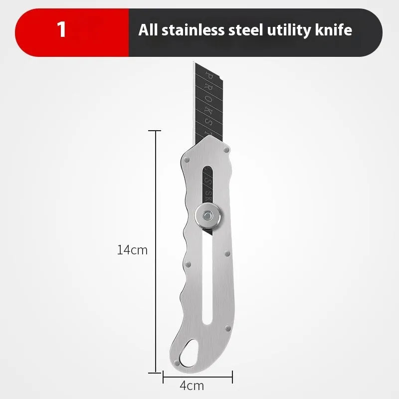 Stainless steel folding art knife with a black blade, shown with long and trapezoidal replacement blades.