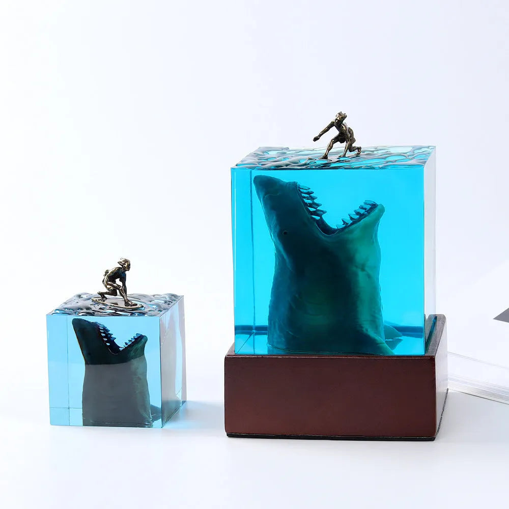 Ocean Shark Surfer resin night light ornament with integrated LED holder in 5cm or 8cm size, showing handcrafted shark surfing scene