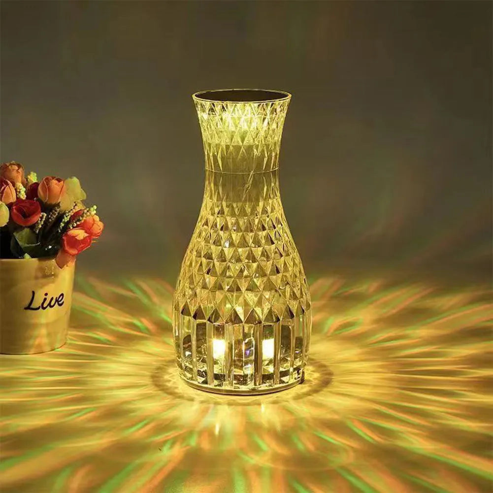 Vase-shaped crystal table lamp with remote control and USB charging port, 9cm wide by 19cm tall