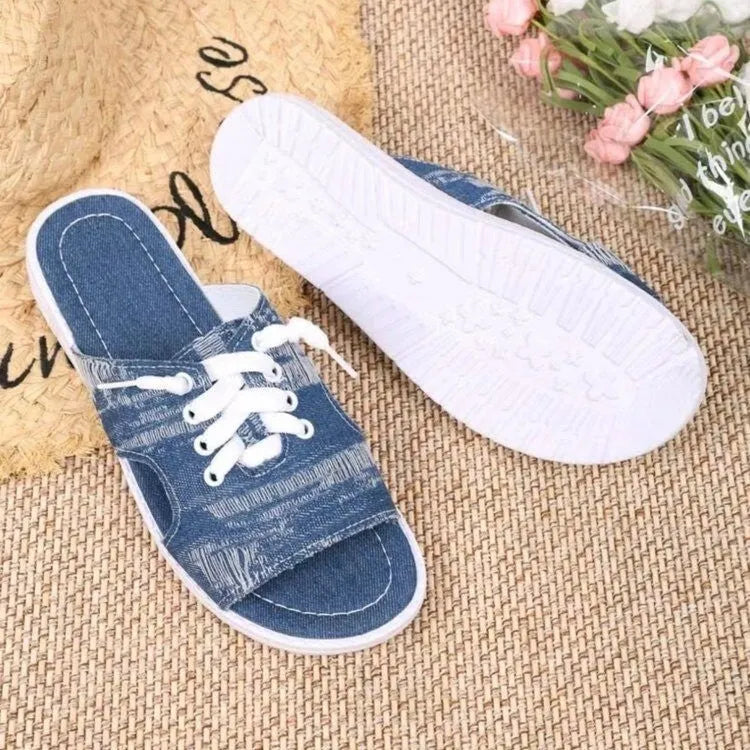 Blue Roman style canvas slippers with rubber soles for women, sizes 36-43