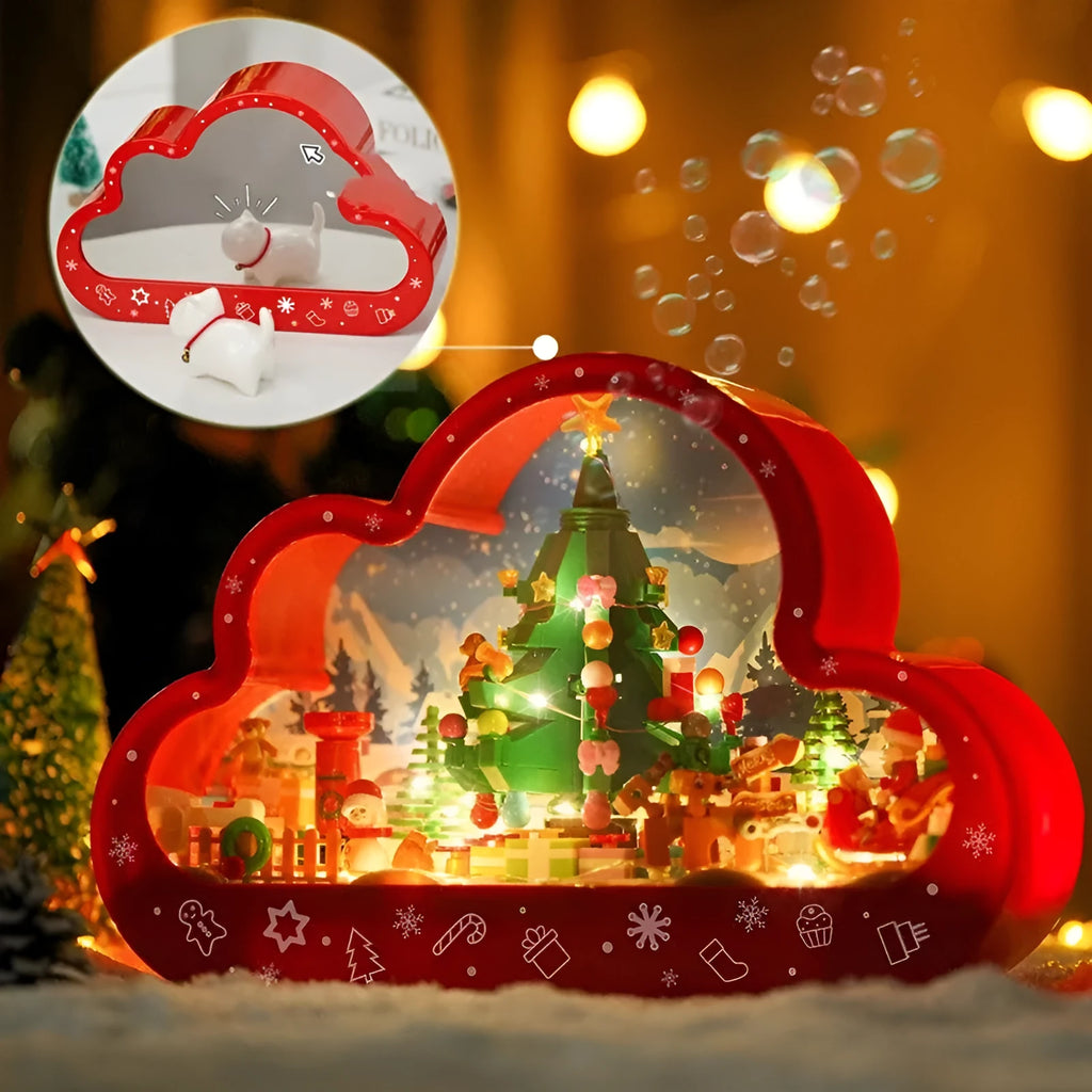 Assembled Christmas tree building block toy with LED cloud night light and decorative PVC mirror frame