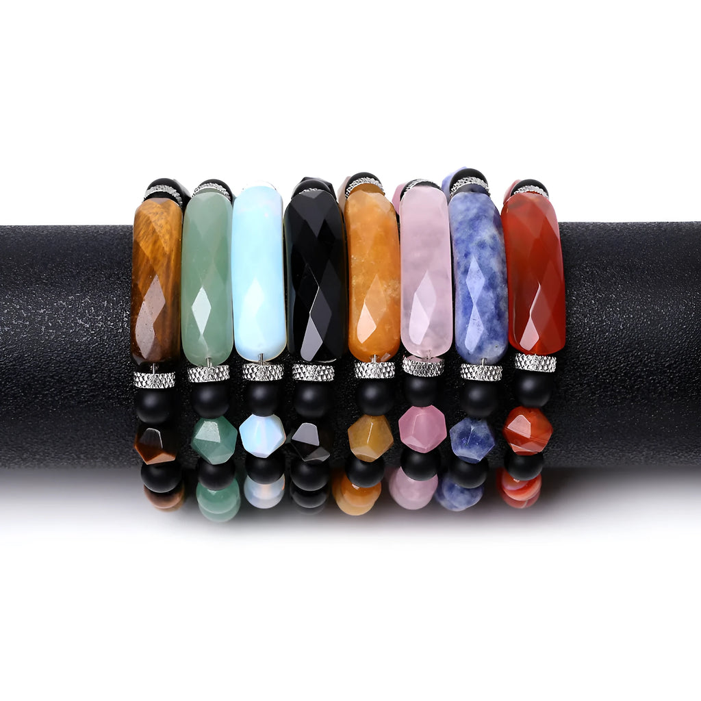 Handmade diamond-shaped cut black agate bracelet with fan-shaped design elements