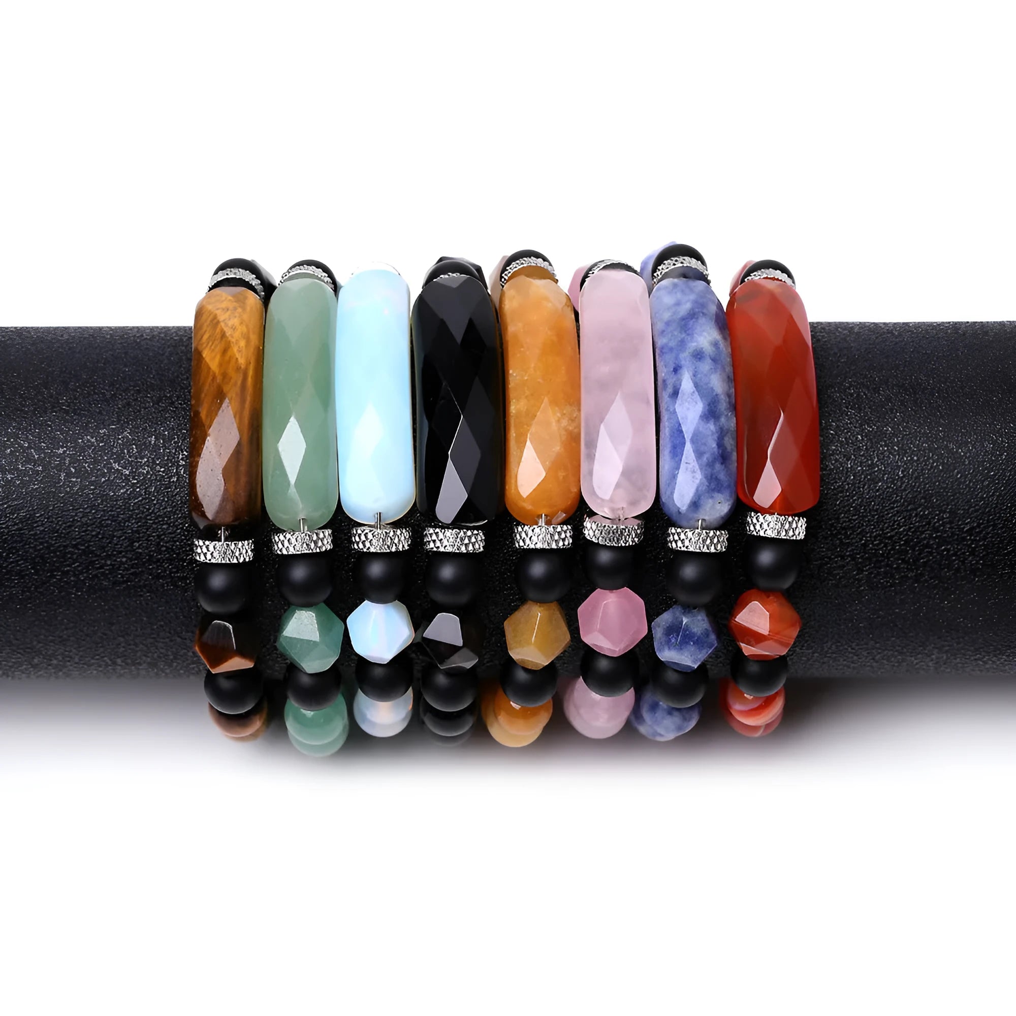 Handmade diamond-shaped cut black agate bracelet with fan-shaped design elements