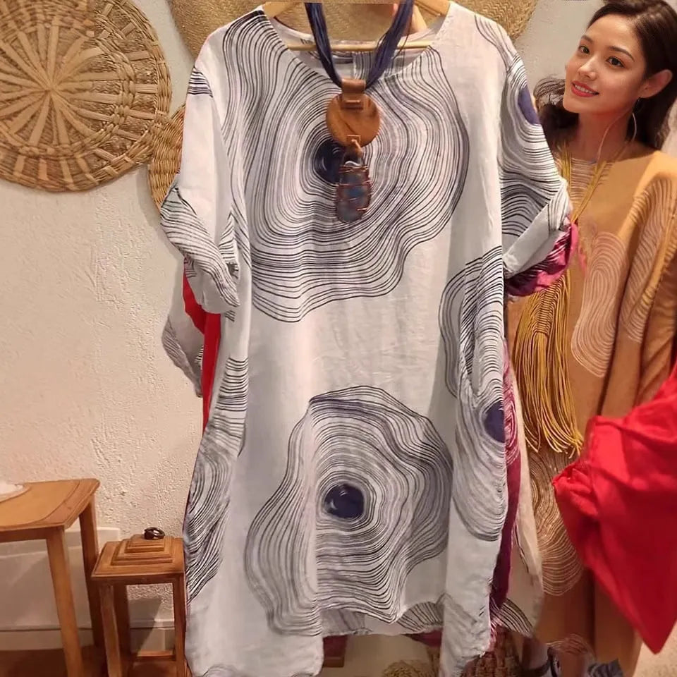 Women's round neck abstract print A-line dress with mid waist, polyester fabric, sizes S-3XL, in red white Burgundy apricot light green orange