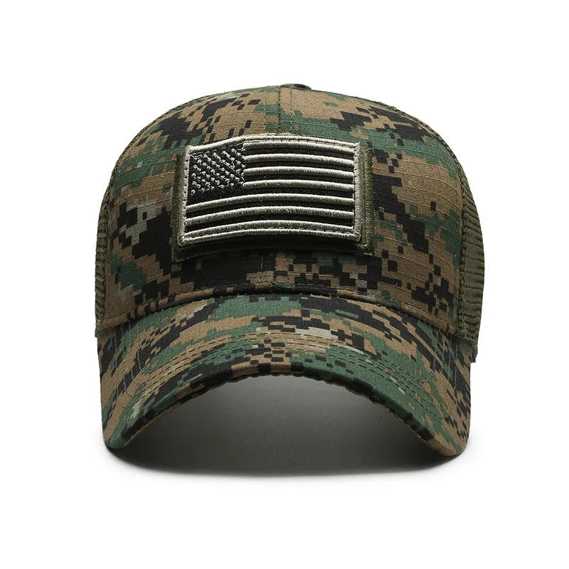 Adjustable tactical camouflage baseball cap with machine embroidery on cotton fabric in seven colour options