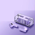E90 wireless sports headphones in black, green, purple, or white colours with a charging case.
