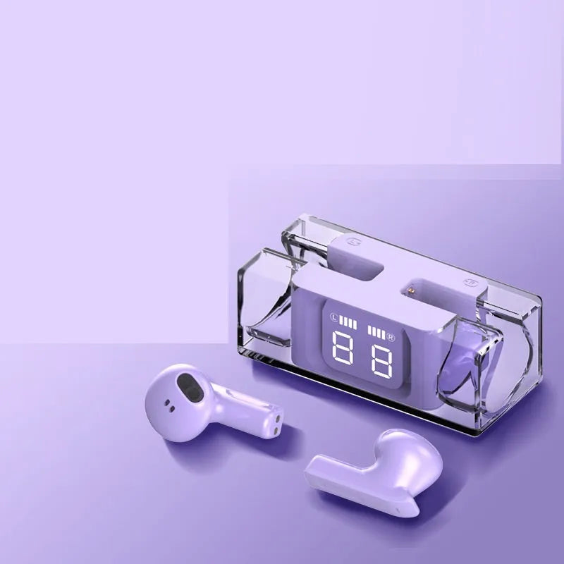 E90 wireless sports headphones in black, green, purple, or white colours with a charging case.
