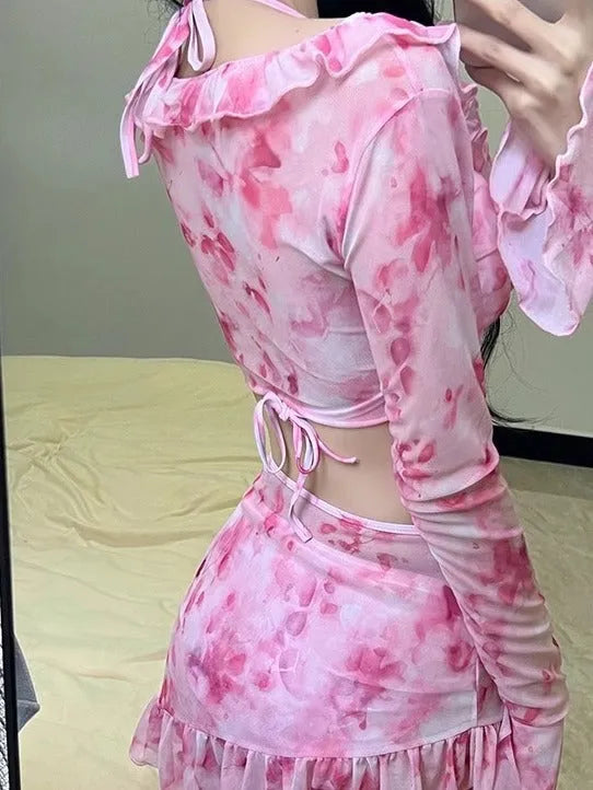 Women's floral bikini in cherry blossom powder with polyester fabric, sizes S to XL for beach and hot spring use