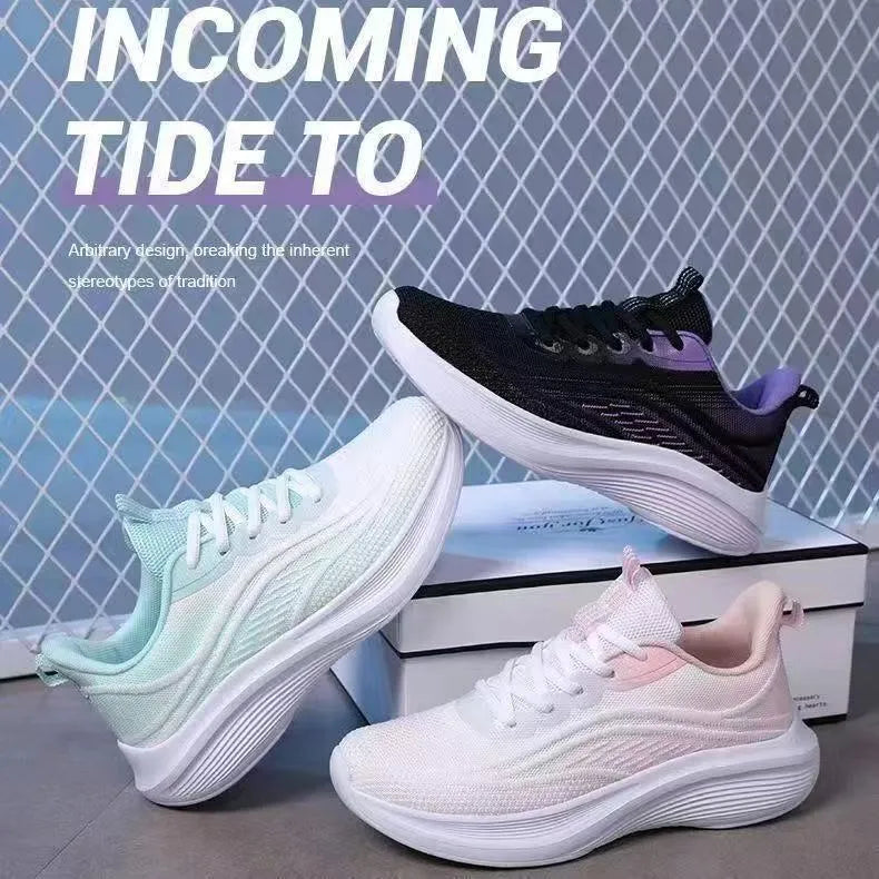 Lightweight mesh running shoes with PVC non-slip sole, flat heel, round toe, and front lace-up, in white green, light pink, or purple.
