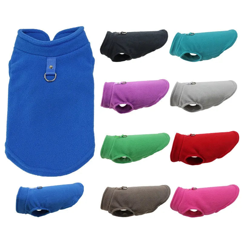 Solid colour polar fleece dog waistcoat in red, black, blue, grey, green, purple, pink, brown options