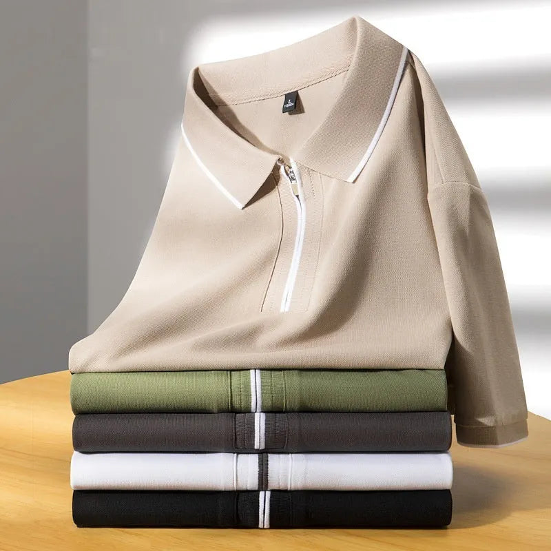 Men's lapel collar short sleeve casual top in cotton blend fabric, slim fit design