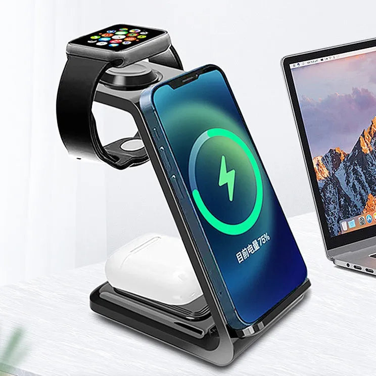 White 3-in-1 wireless charger with upright phone holder, earbuds charging spot, and smartwatch charging area on desk