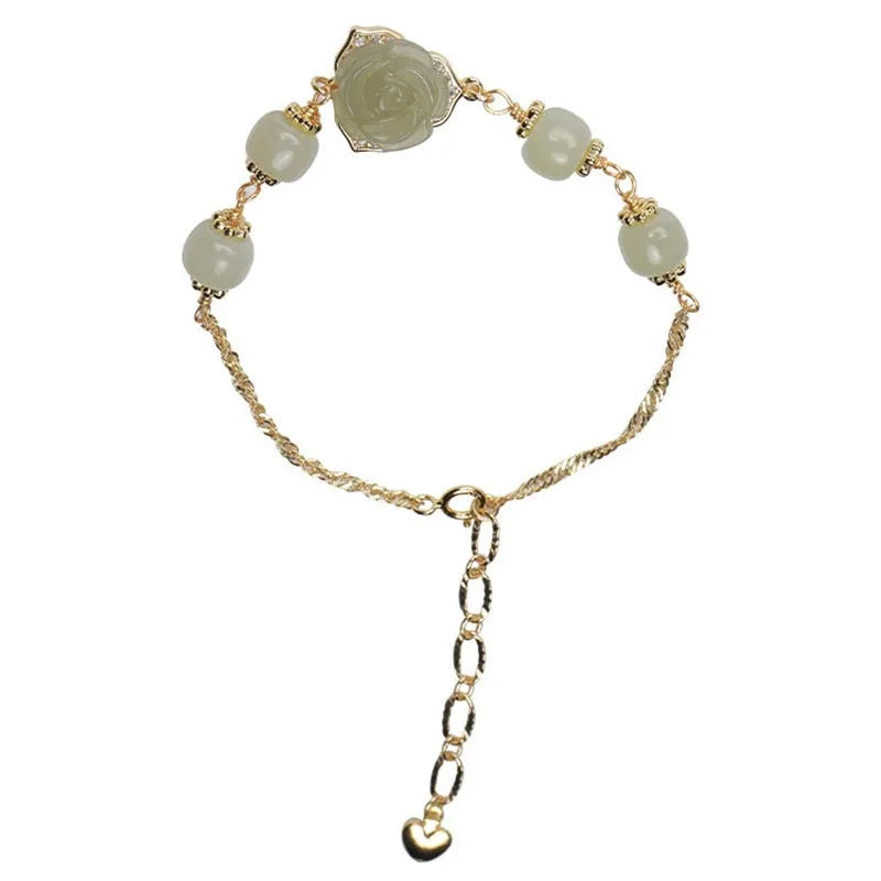 Women's bracelet with carved Hetian jade rose and 14K gold plating, literary style floral design