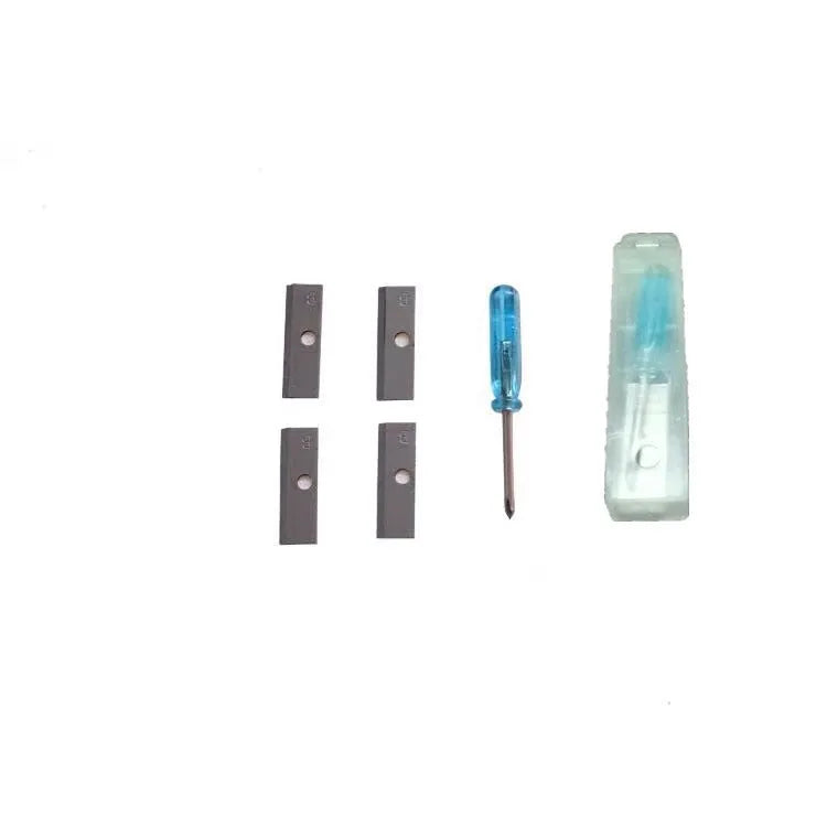 Four-hole pencil sharpener with geometric plastic design, four blades, and screwdriver for easy maintenance
