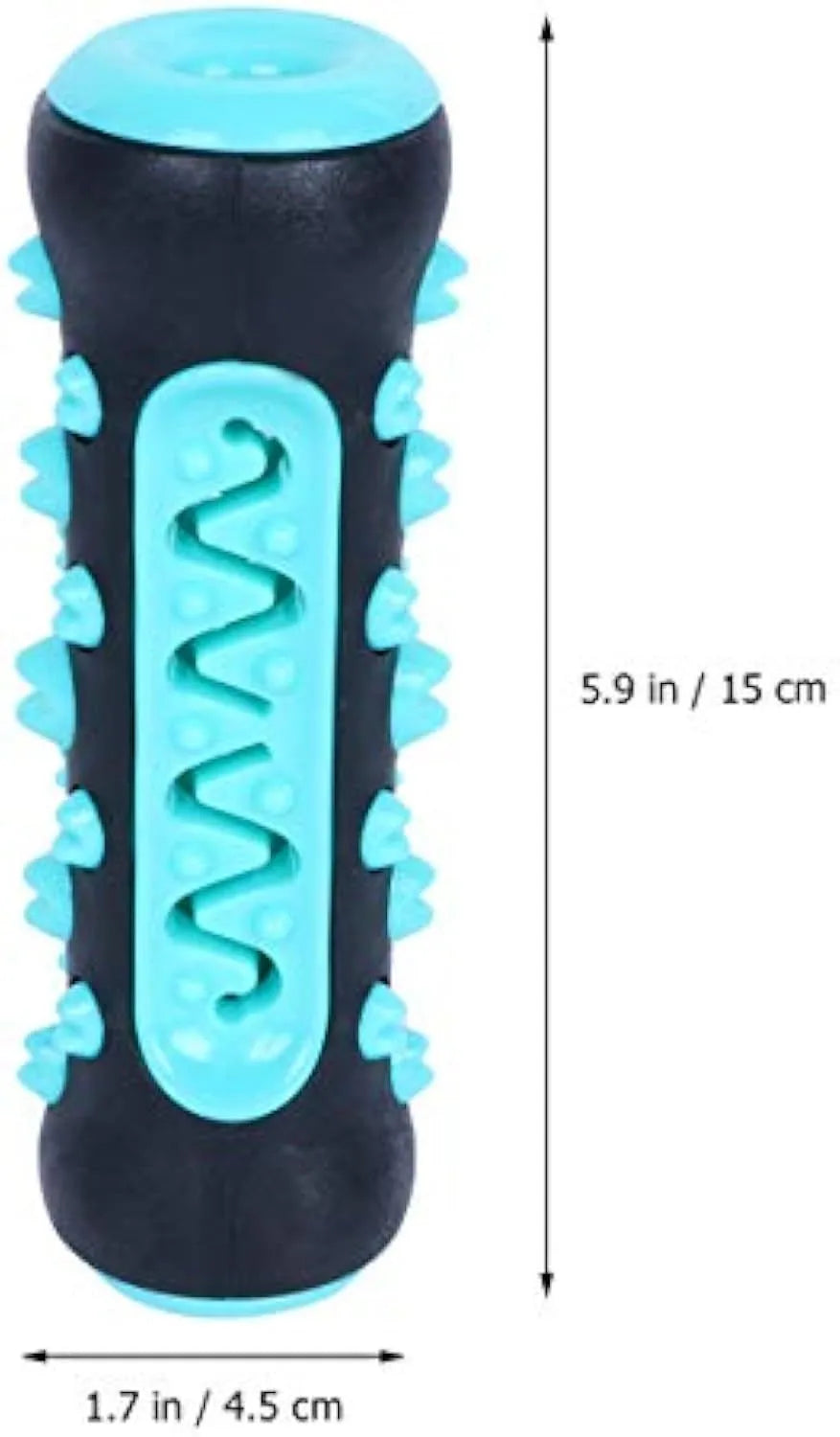 Natural rubber dog toothbrush chew toy in blue colour, measuring 15cm long, for dental cleaning and boredom reduction