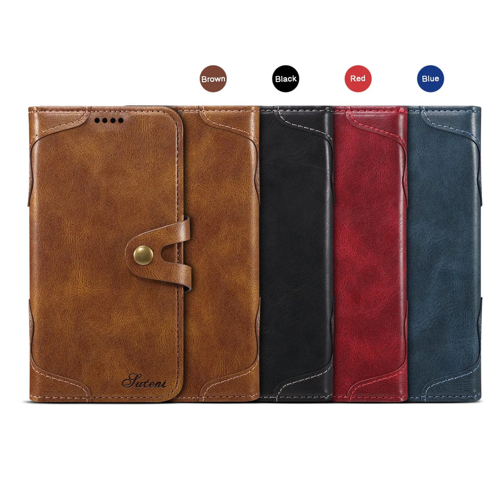 PU flip wallet phone case in black, brown, red, or blue for iPhone 13 and iPhone 12 models