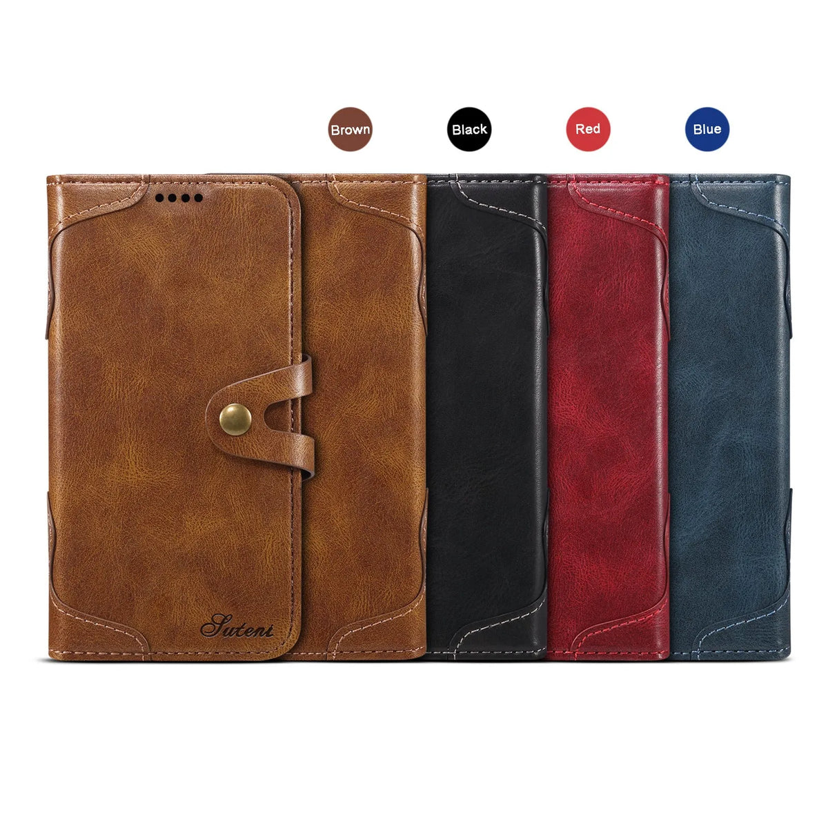 PU flip wallet phone case in black, brown, red, or blue for iPhone 13 and iPhone 12 models