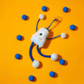 Blue telescopic cat toy with plush ring and bell measuring 30 by 30 centimetres