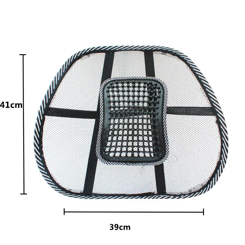 Black car lumbar support pillow with leather nail pattern measuring 41cm by 39cm