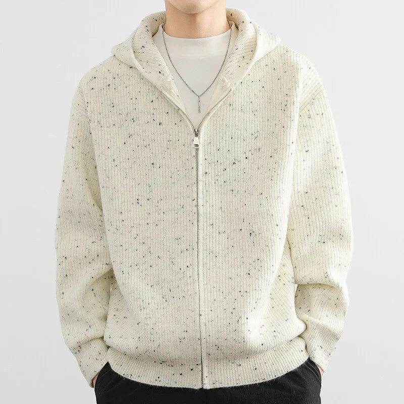 Hooded thickened cardigan sweater, loose fit, in black, blue, or apricot, sizes M to XXXL